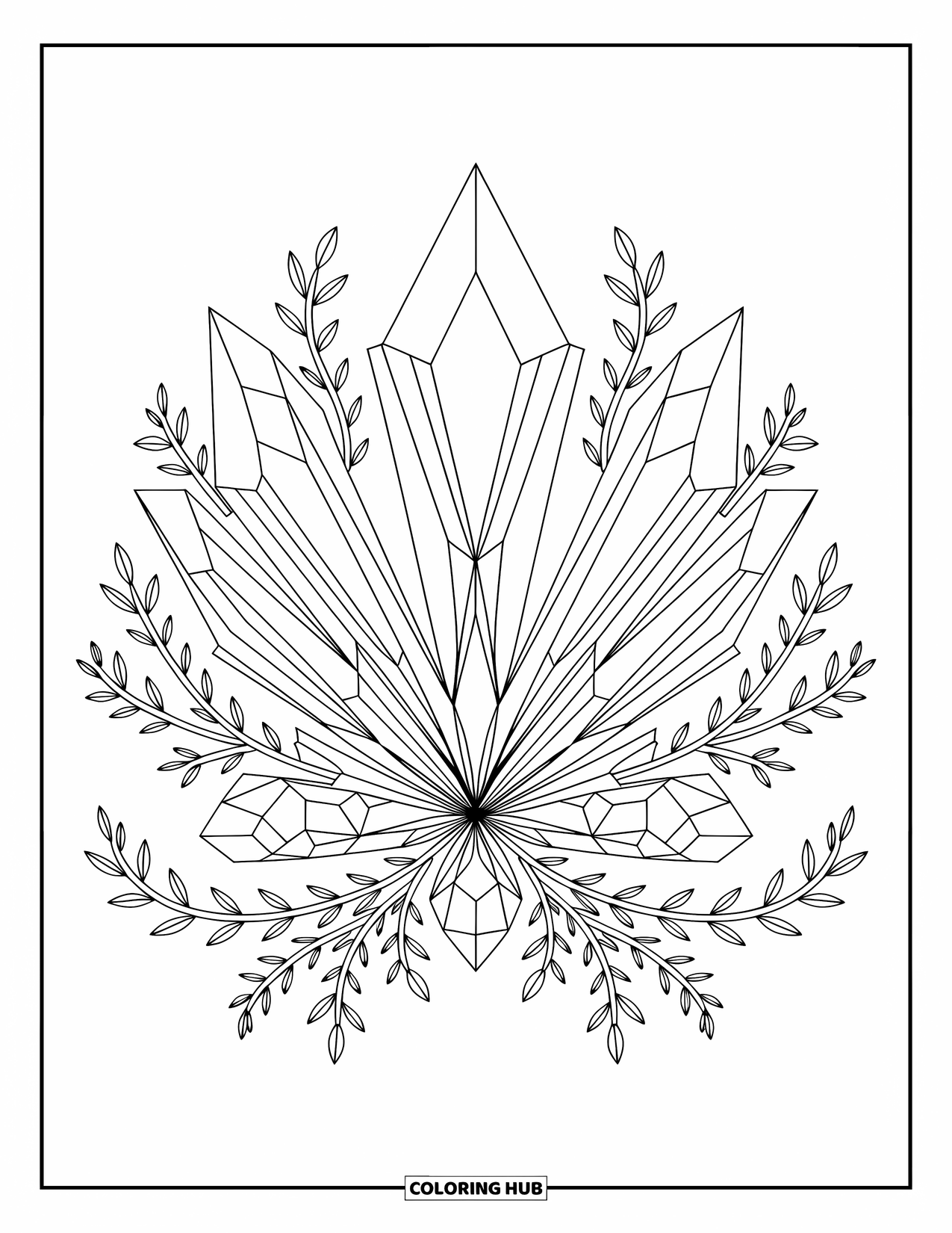 Geometric Coloring Page for Adults: Crystal bloom of mirrored shapes spreads across a field of elegant, sharp patterns