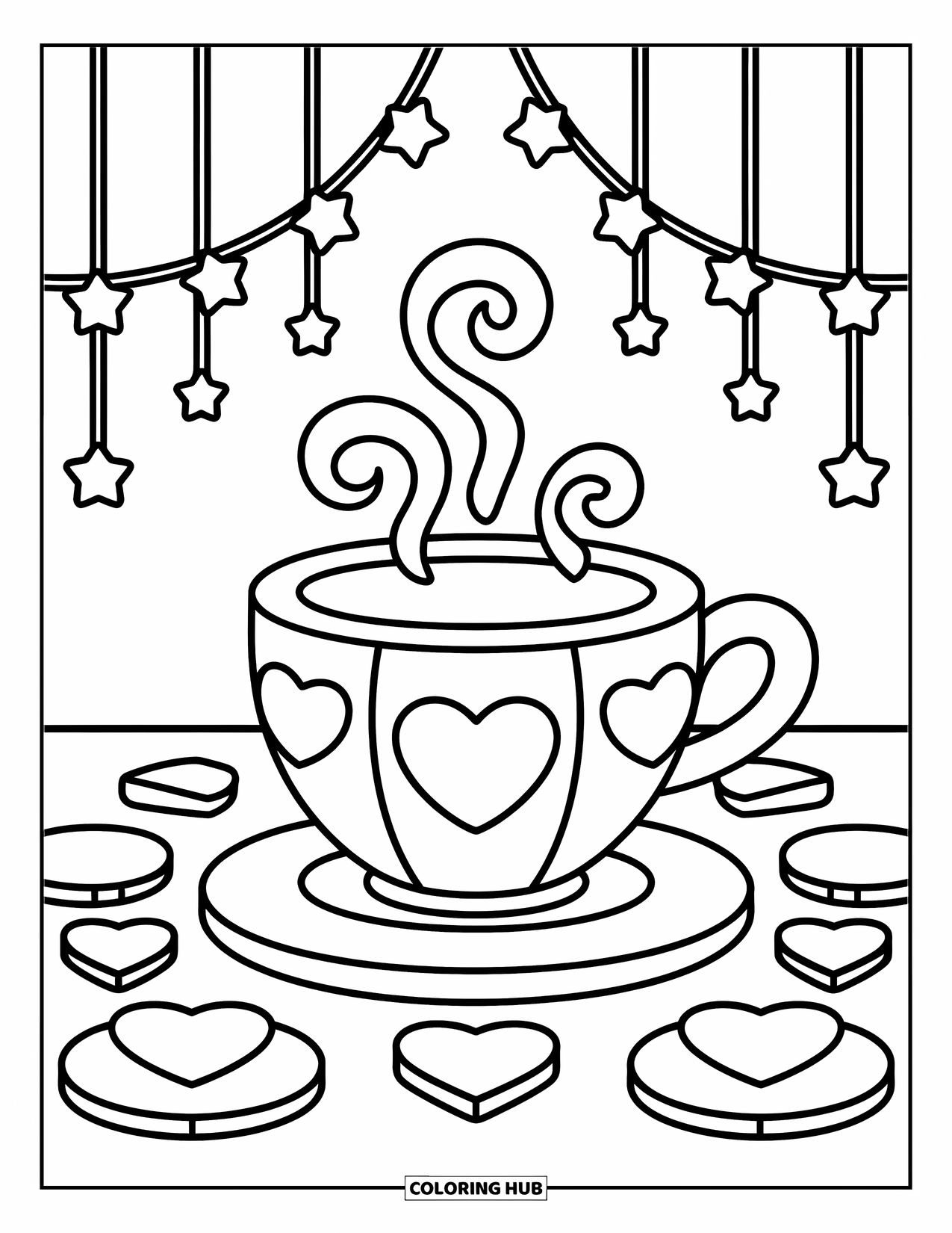 Geometric Coloring Page for Adults: Curvy teacup with cozy steam and stars sits peacefully with heart coasters