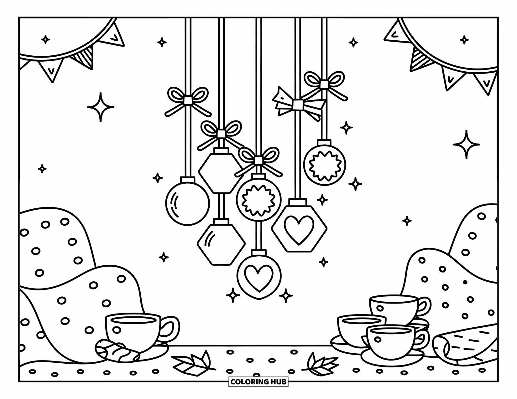 Geometric Coloring Page for Adults: Cute hanging ornaments and cozy doodles create a warm, inviting hygge-inspired setup