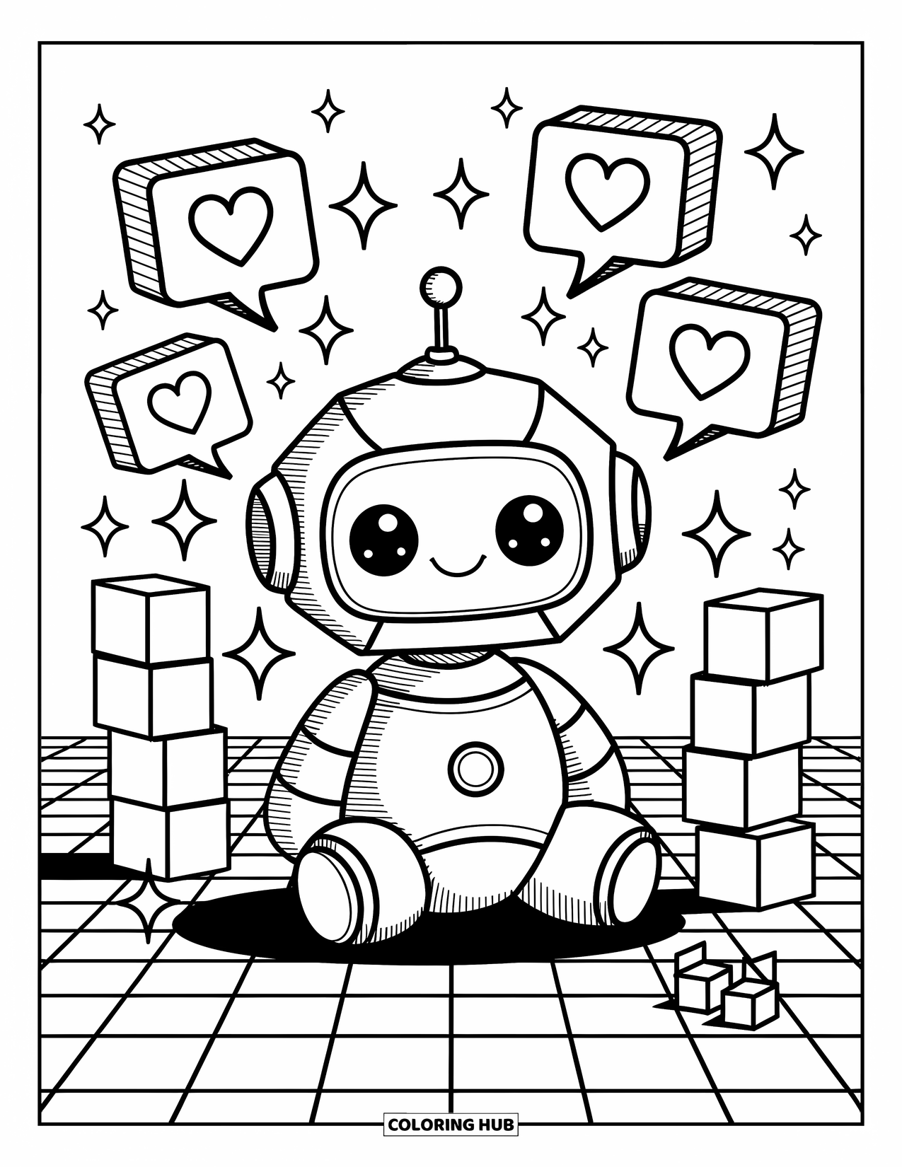 Geometric Coloring Page for Adults: Cute little robot rests on a grid with sparkles, stacked cubes, and sweet speech bubbles