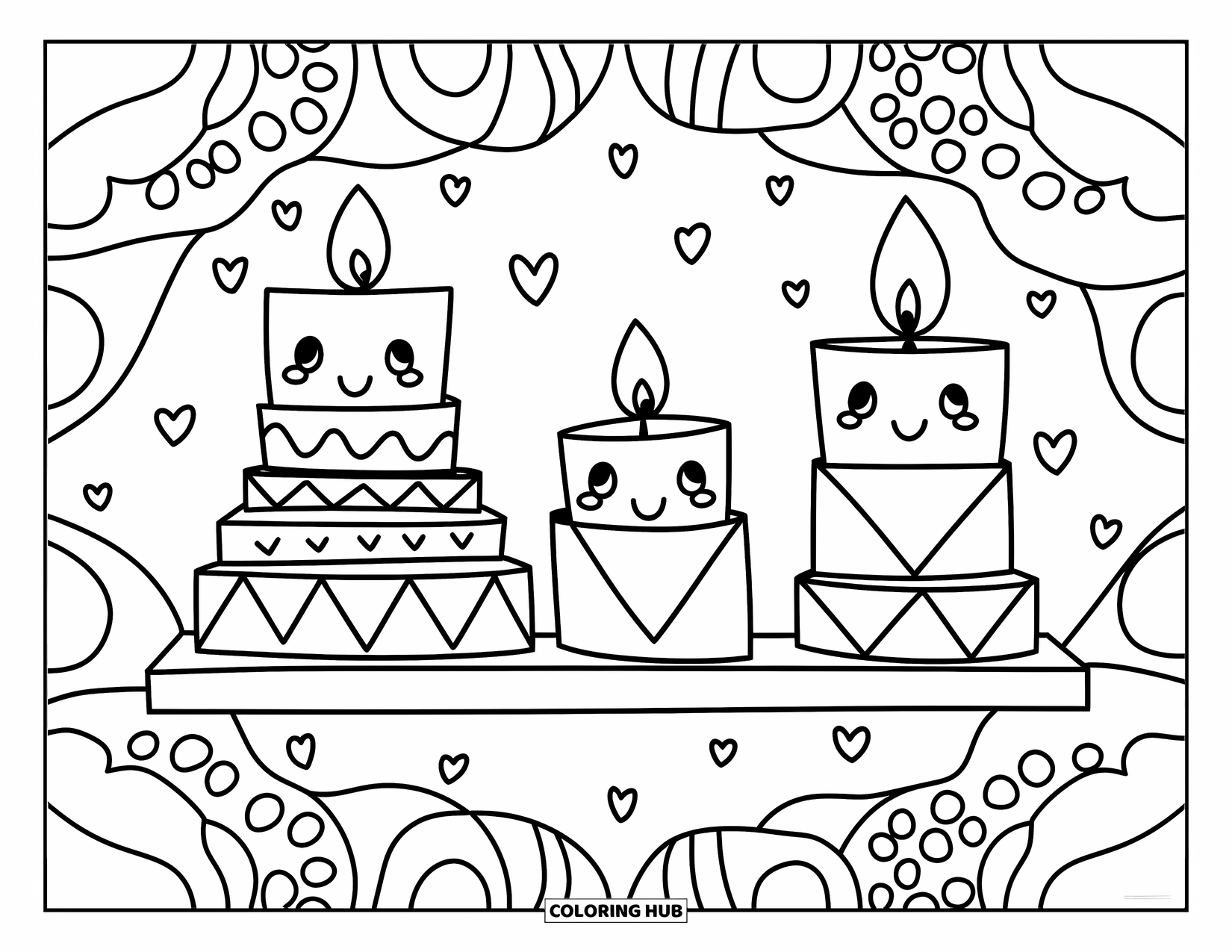 Geometric Coloring Page for Adults: Cute shelf display with candles and books sits in front of dotted, heart-filled wallpaper