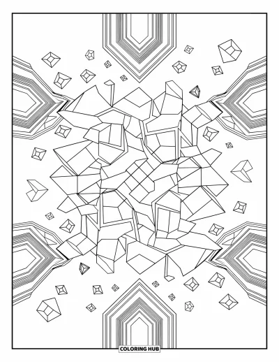 Geometrisk fargeleggingsark for voksne: Svevende former virvler i et knust, men likevel balansert geometrisk design