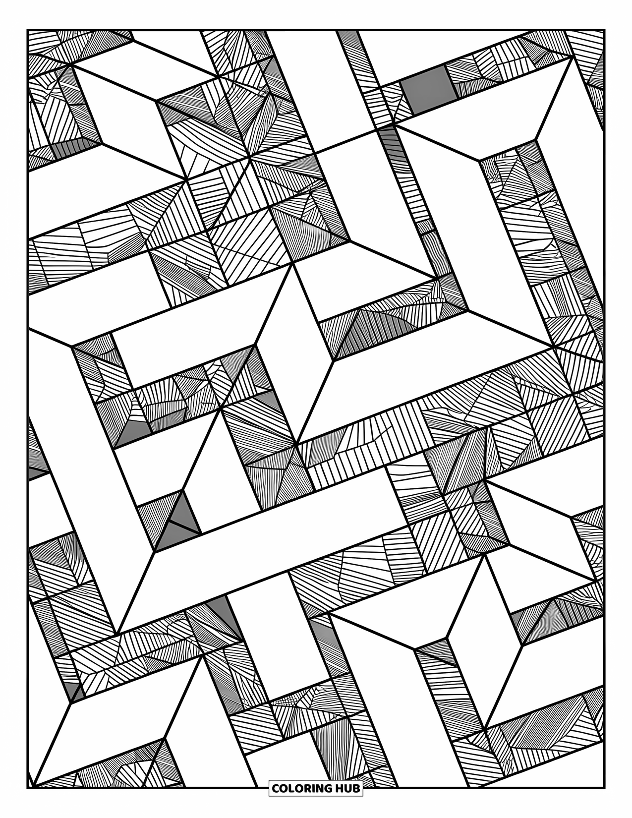 Geometric Coloring Page for Adults: Fragmented grids and hexagons create a detailed maze with soothing patterns and borders