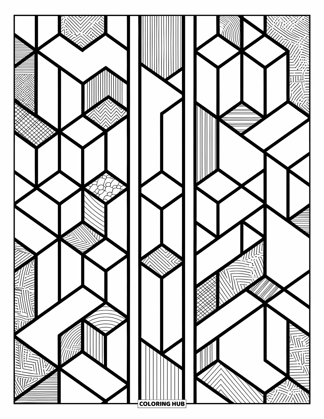 Geometric Coloring Page for Adults: Hexagonal labyrinth weaves through intricate grids and elegant decorative accents