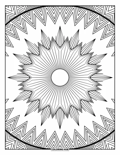 Geometrisk fargeleggingsark for voksne: Intrikat solstrålemønster med dristige stråler og myke detaljer fyller hele siden