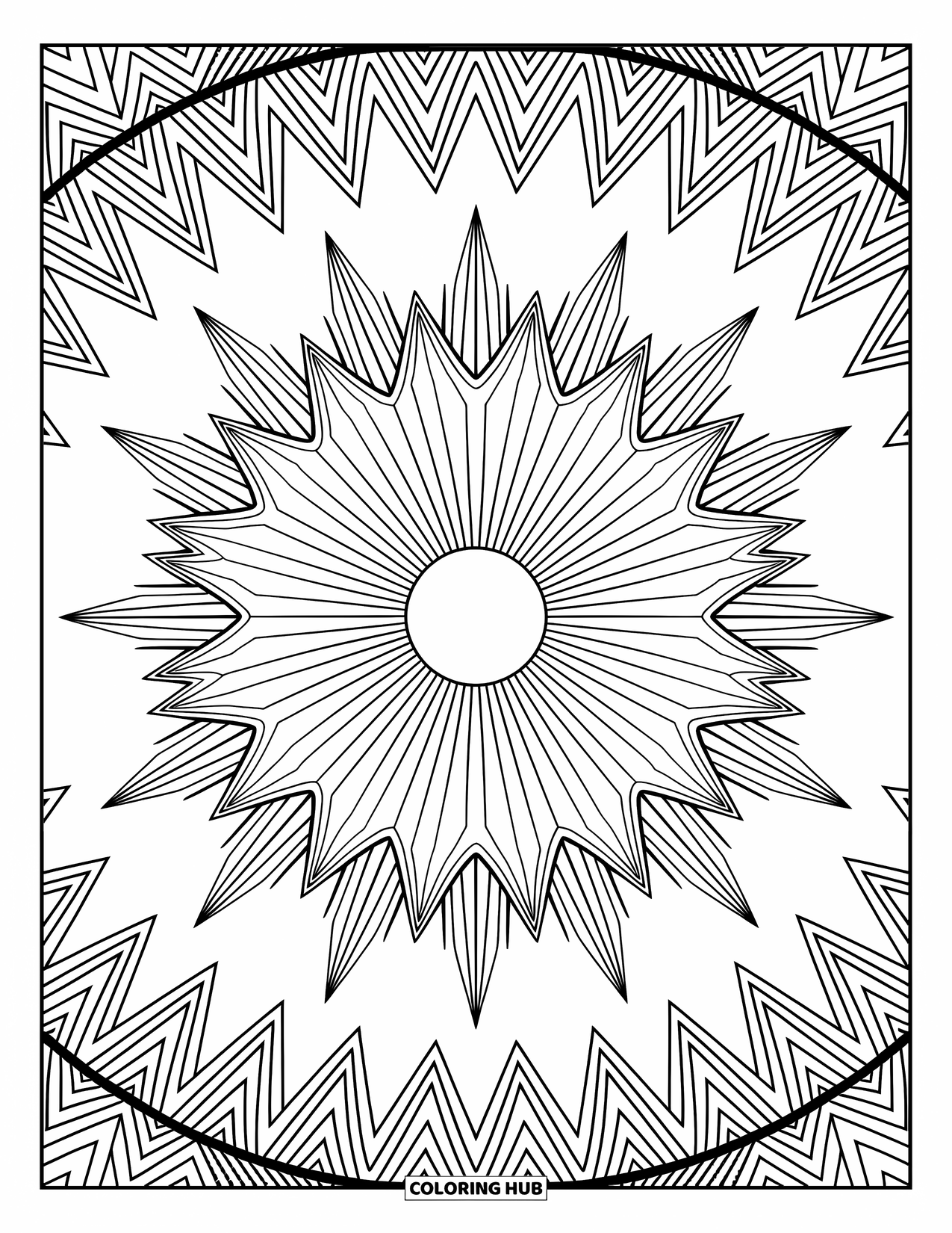 Geometric Coloring Page for Adults: Intricate sunburst with bold rays and soft details fills the page