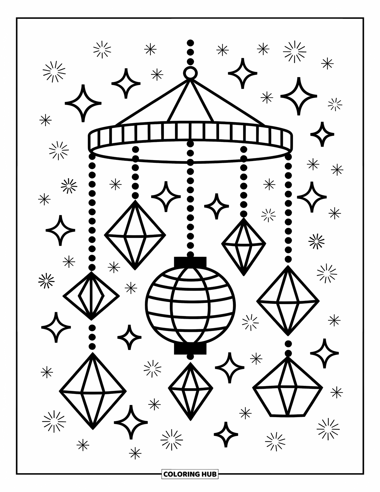 Geometric Coloring Page for Adults: Lanterns and paper shapes dangle from dotted strings with sparkles and soft light