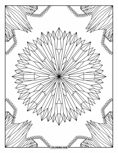 Geometrisk fargeleggingsark for voksne: Lagvis krystallblomst av trekanter og kutt danner et delikat og elegant design