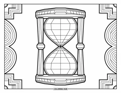 Geometrisk fargeleggingsark for voksne: Lagvis timeglassdesign med rektangler og folder omgitt av intrikate kunstneriske mønstre