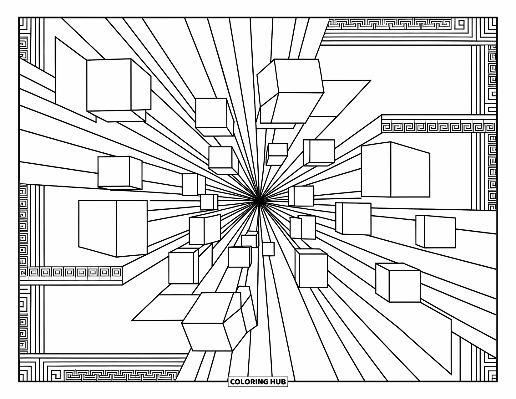 Geometric Coloring Page for Adults: Mesmerizing vortex of floating shapes spins through detailed, elegant background patterns