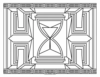 Geometrisk fargeleggingsark for voksne: Speilet timeglass laget av foldede former står blant elegante mønstre og detaljerte rammer
