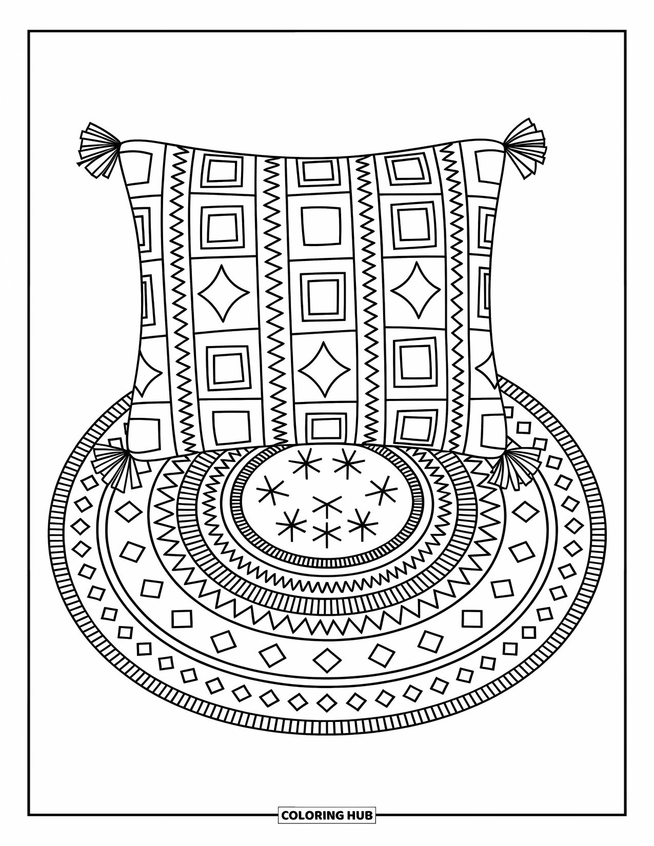 Geometric Coloring Page for Adults: Patterned pillows with stars and zigzags rest on a mat with flowers and triangles