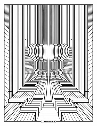 Geometrisk fargeleggingsark for voksne: Rektangler og bølger faller i en fosseillusion omgitt av rike dekorative elementer