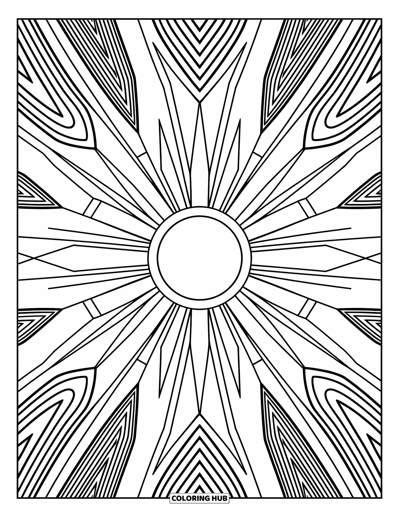 Geometric Coloring Page for Adults: Sunburst design radiates with alternating trapezoids, spikes, and arches