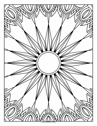 Geometrisk fargeleggingsark for voksne: Solstråle med pigger, buer og stråler strekker seg over en detaljert, elegant layout