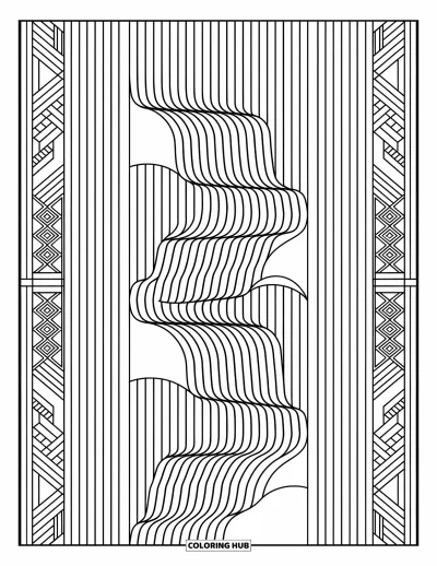 Geometrisk fargeleggingsark for voksne: Foss laget av geometriske bølger og skillevegger fosser gjennom en elegant, mønsterfylt layout