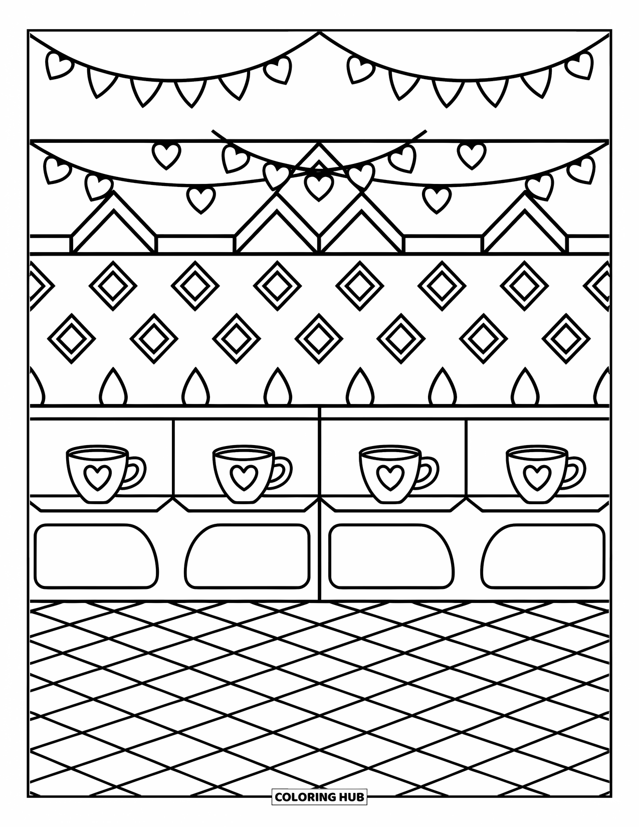 Geometric Coloring Page for Adults: Whimsical coffee corner filled with cute mugs, glowing lights, and cozy details
