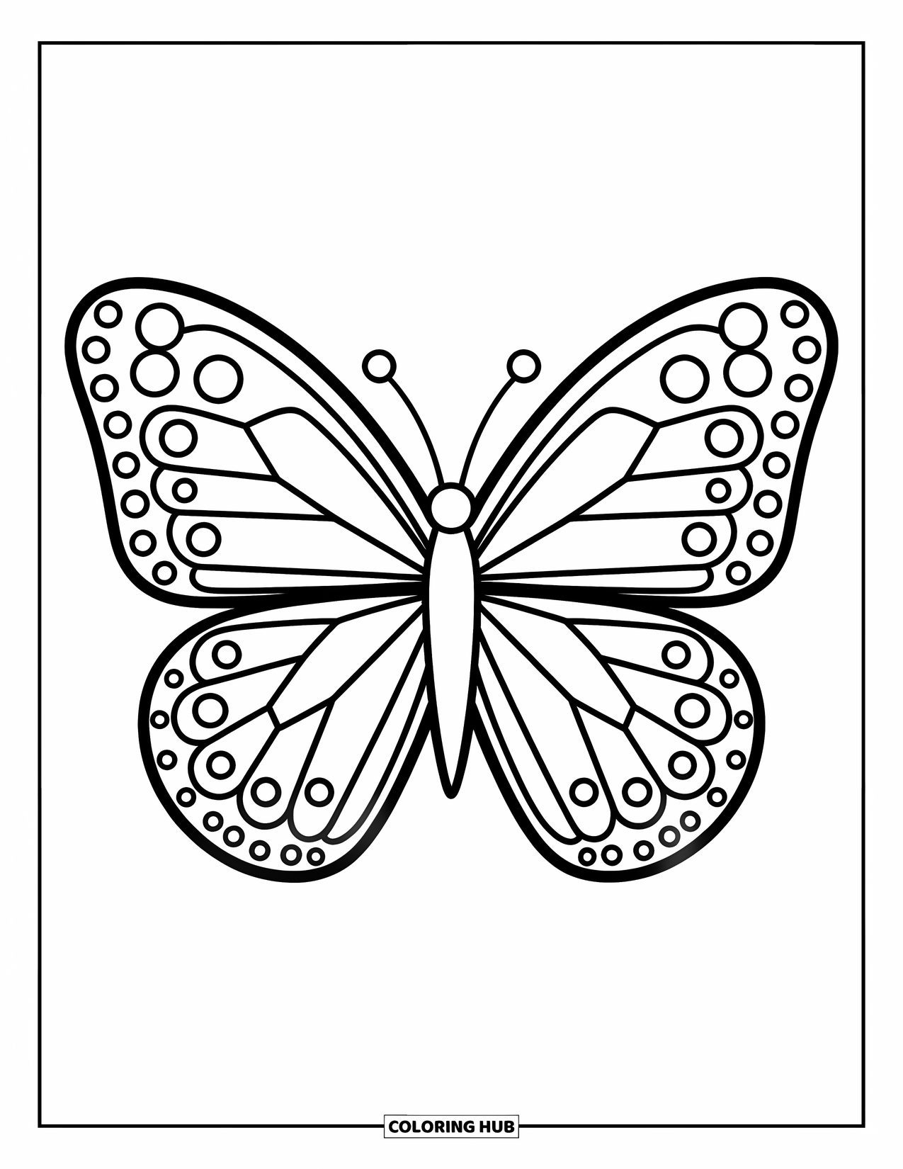 Geometric Coloring Page for Kids: A cheerful butterfly with patterned wings glides in a gentle, happy moment