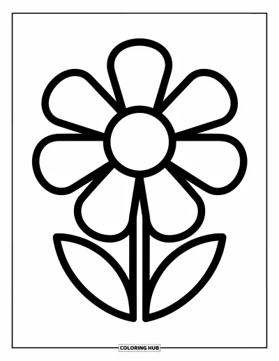 Geometrisk fargeleggingsark for barn: En glad blomst med store ovale og trekantede kronblad står høyt