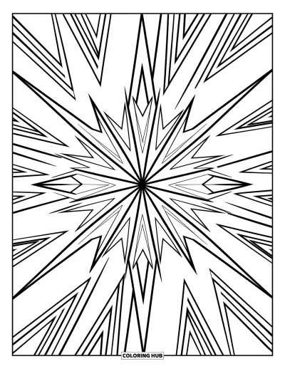 Geometrisk fargeleggingsark for barn: En dynamisk eksplosjon av trekanter sprer seg utover i et moderne, skarpt design