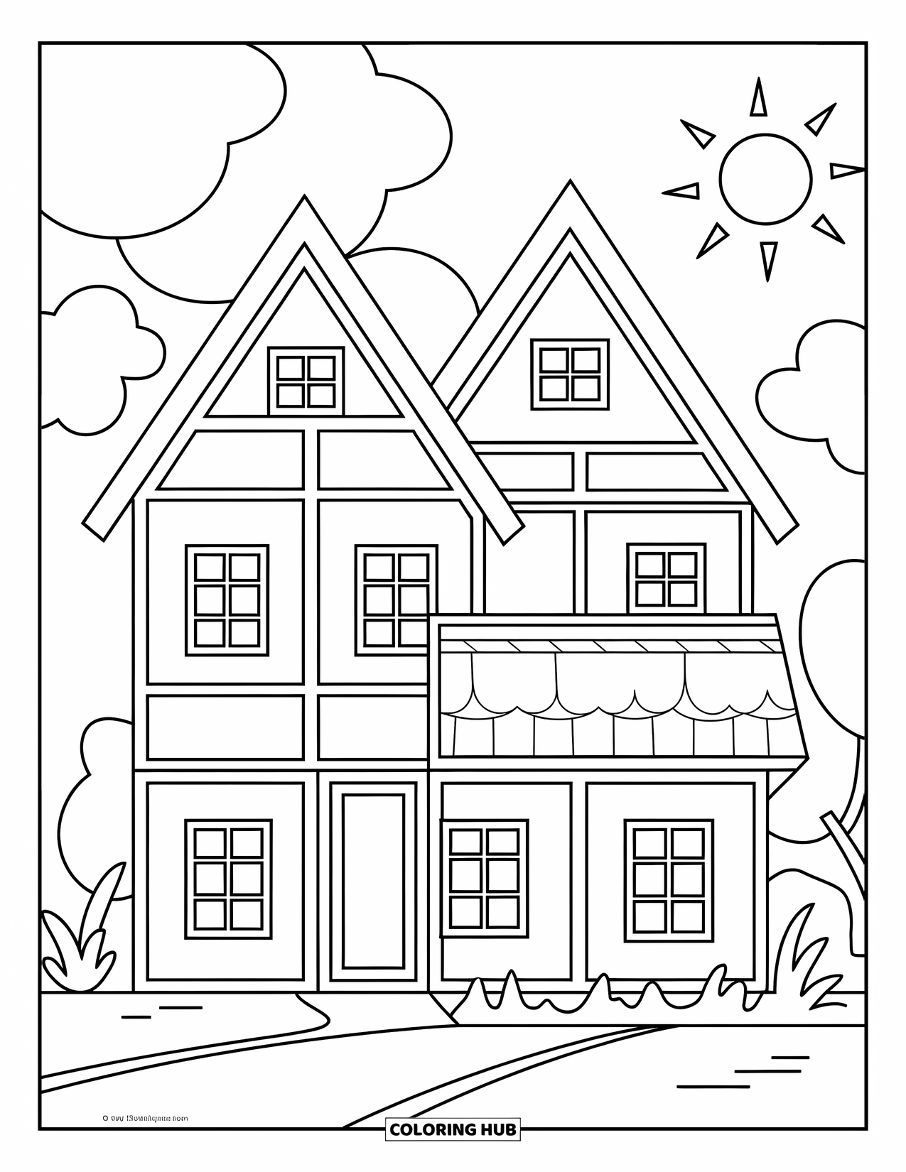 Geometric Coloring Page for Kids: A happy home with fun shapes, a smiling sun, and a tree nearby