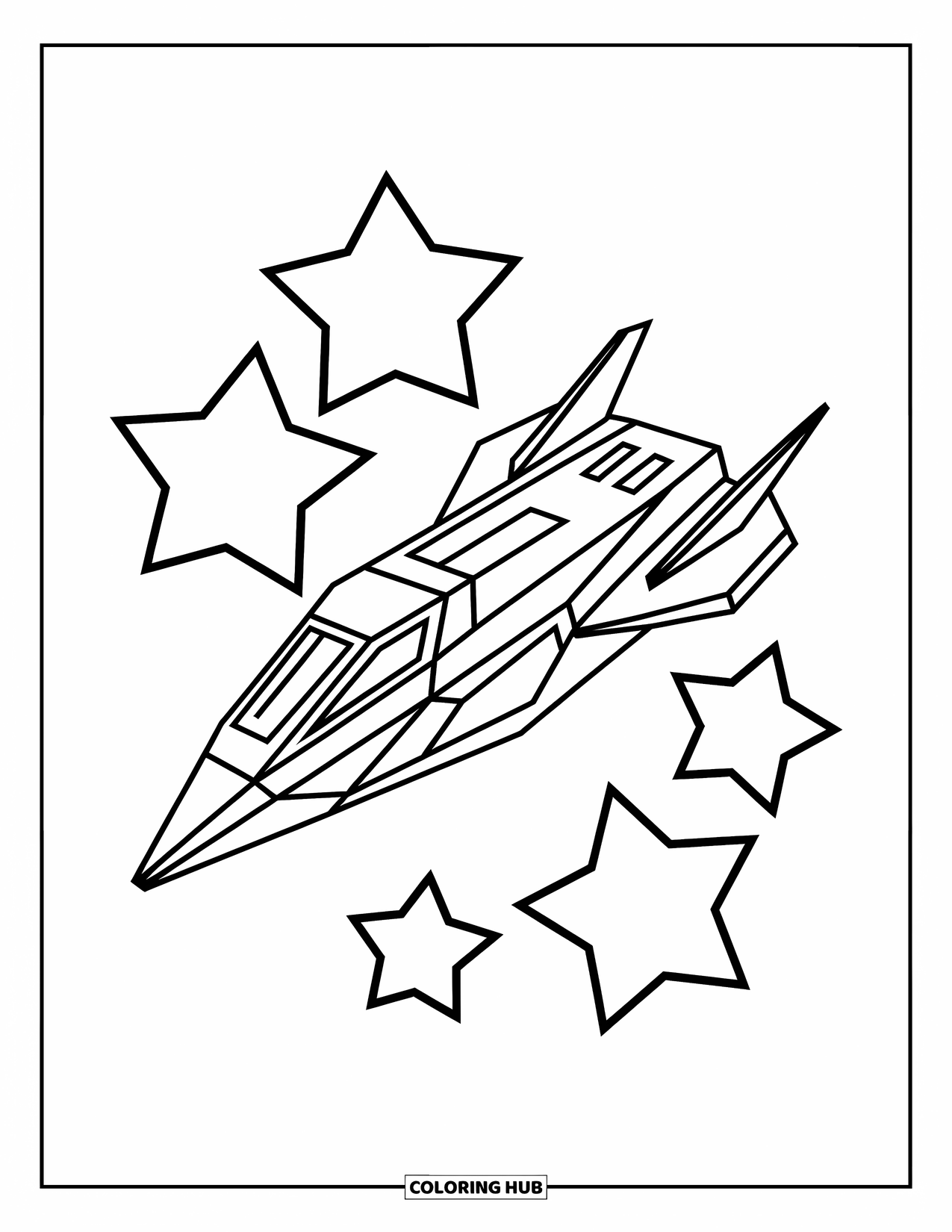 Geometric Coloring Page for Kids: A sharp-edged spaceship floats among playful polygon stars in space