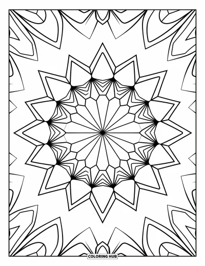 Geometrisk fargeleggingsark for barn: En stjernefylt mandala med lagvise former skaper et rikt, rytmisk design