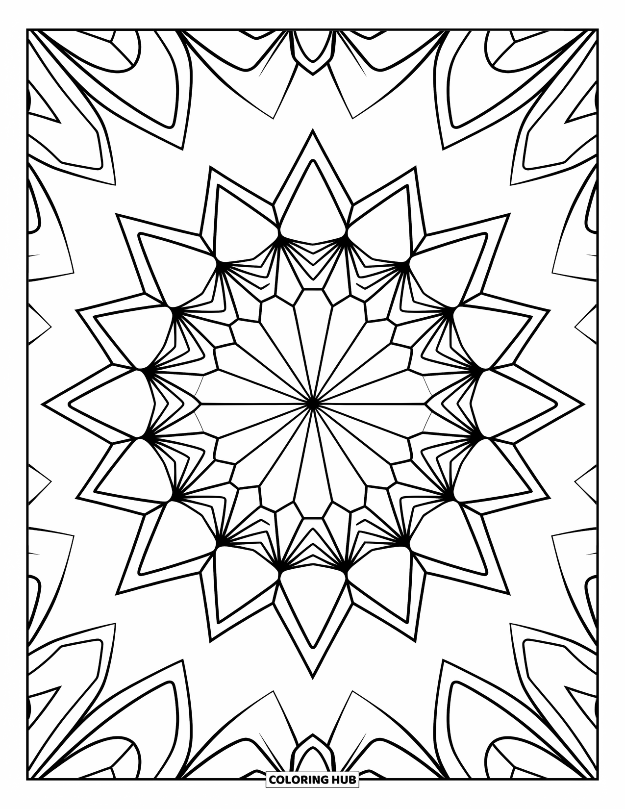 Geometric Coloring Page for Kids: A star-filled mandala with layered shapes creates a rich, rhythmic design