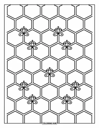 Geometrisk fargeleggingsark for barn: Bier og blomster danser rundt en bikake full av morsomme små former
