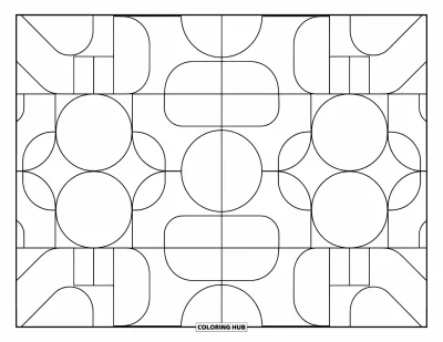 Geometrisk fargeleggingsark for barn: Store sirkler og firkanter overlapper i et morsomt, boblende oppsett