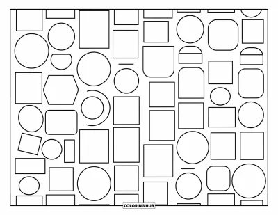 Geometrisk fargeleggingsark for barn: Store sirkler og firkanter overlapper lekent i et morsomt, munter oppsett