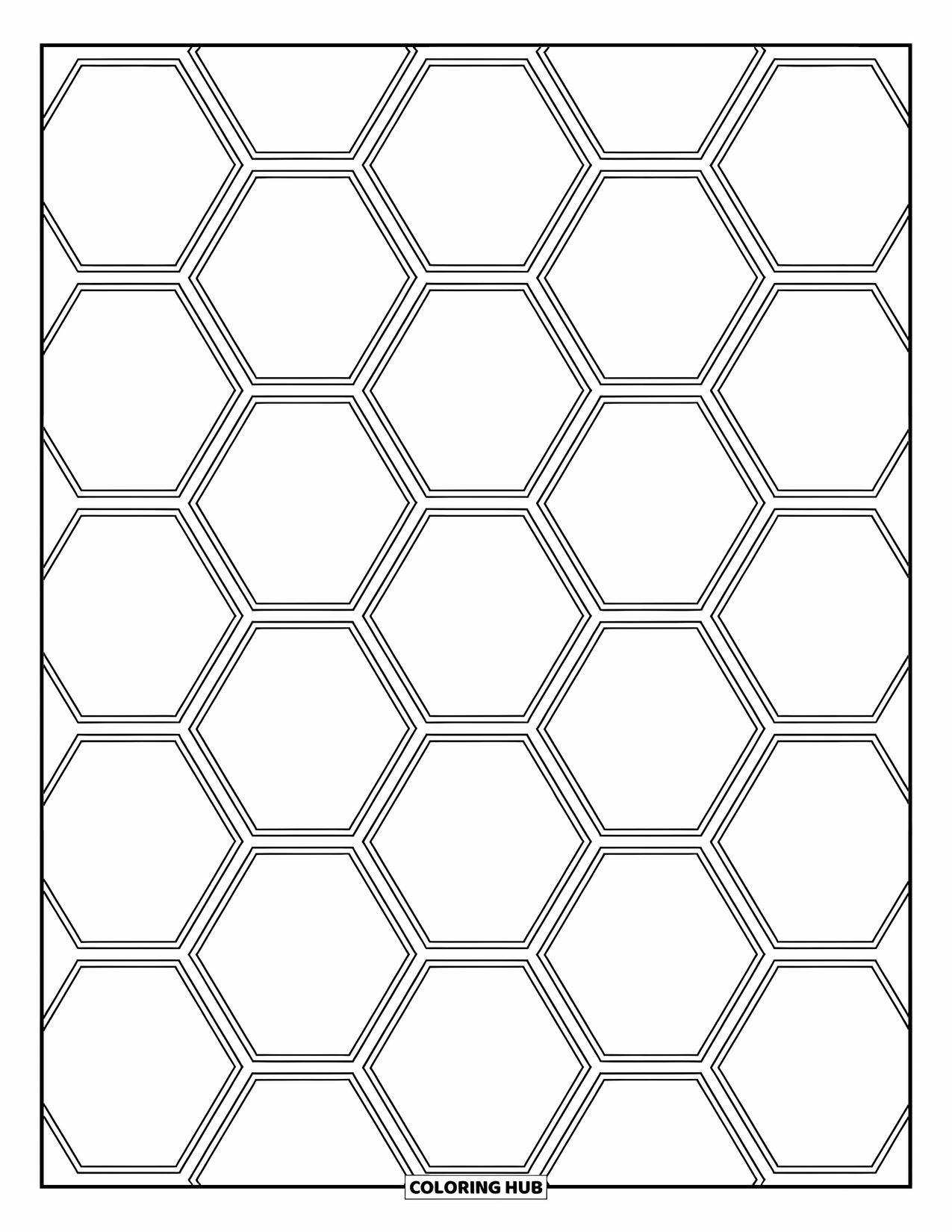 Geometric Coloring Page for Kids: Big hexagons line up in a grid with lots of space to fill in