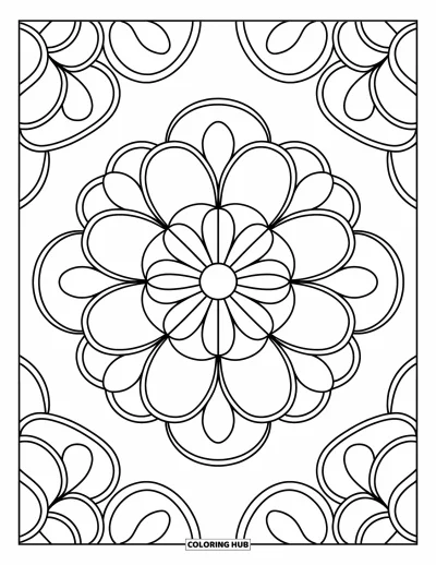 Geometrisk fargeleggingsark for barn: Sirkler og ovaler kobles sammen til en myk, blomsterlignende mandala