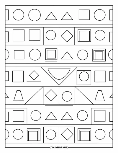 Geometrisk fargeleggingsark for barn: Sirkler, firkanter og trekanter stiller seg opp i en glad, avslappet rekke