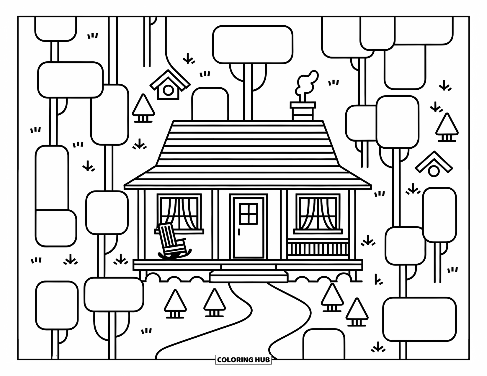 Geometric Coloring Page for Kids: Cozy cabin sits among trees made of squares, rectangles, and triangles