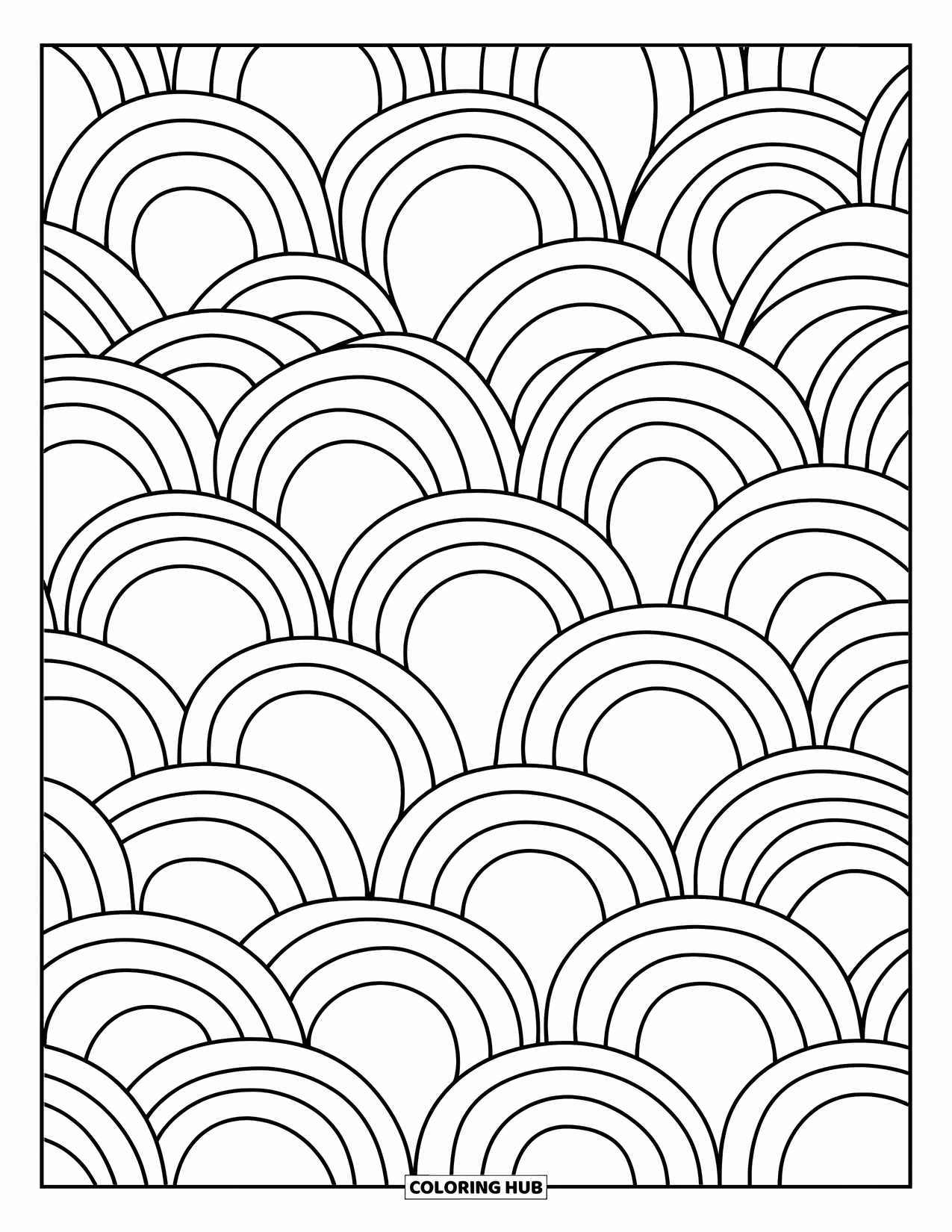 Geometric Coloring Page for Kids: Curved waves filled with starfish, seashells, and fun ocean shapes
