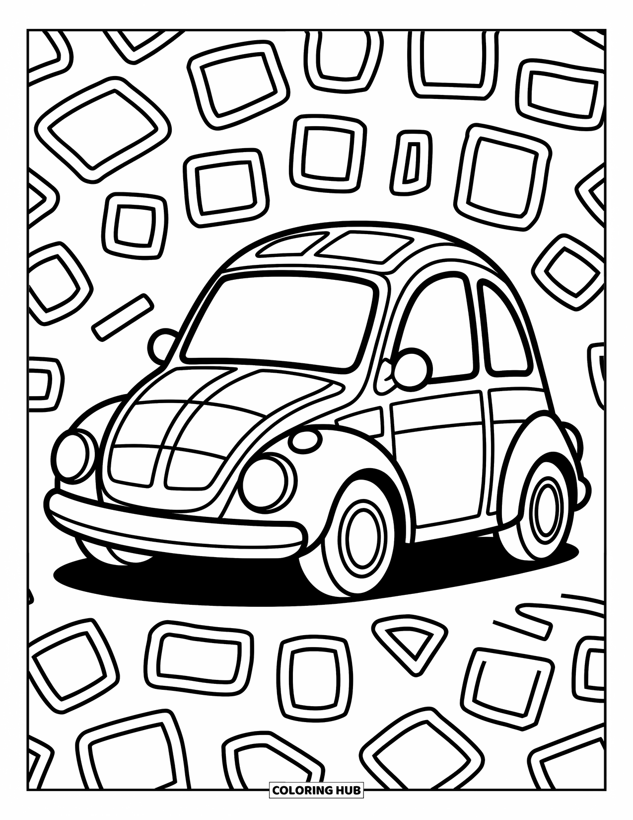 Geometric Coloring Page for Kids: Fun little car made of circles and squares drives into a playful scene