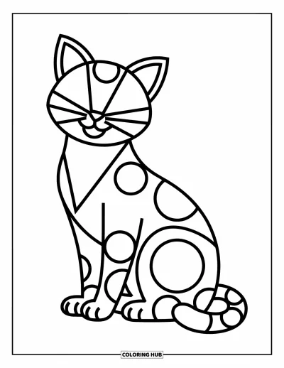 Geometrisk fargeleggingsark for barn: Geometrisk katt med sirkeløyne og trekantpoter sitter i en fredelig positur