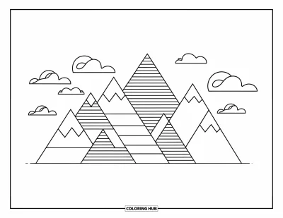 Geometrisk fargeleggingsark for barn: Geometriske topper og luftige skyer skaper et morsomt og moderne fjellandskap