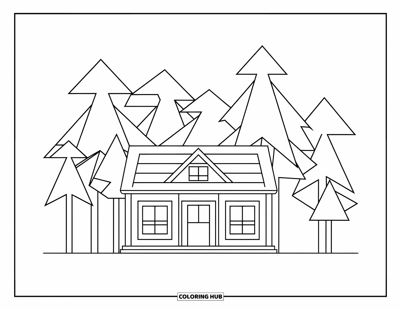 Geometric Coloring Page for Kids: Geometric trees and a welcoming cabin create a charming forest scene