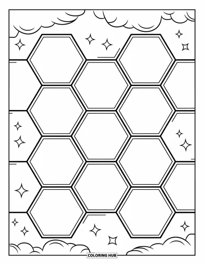 Geometrisk fargeleggingsark for barn: Sekskantmønster med myke mellomrom og lekne skyer tilfører et magisk preg