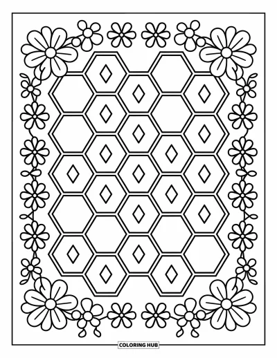 Geometrisk fargeleggingsark for barn: Sekskanter og diamanter danner en morsom bikakescene med summende bier og blomster