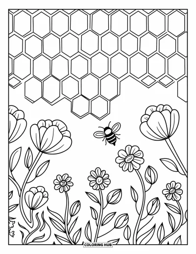 Geometrisk fargeleggingsark for barn: Bikakeformer fylt med bier og blomster skaper et søtt og lekent mønster