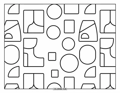 Geometrisk fargeleggingsark for barn: Store sirkler og firkanter stabler seg og svever i et glad, enkelt mønster