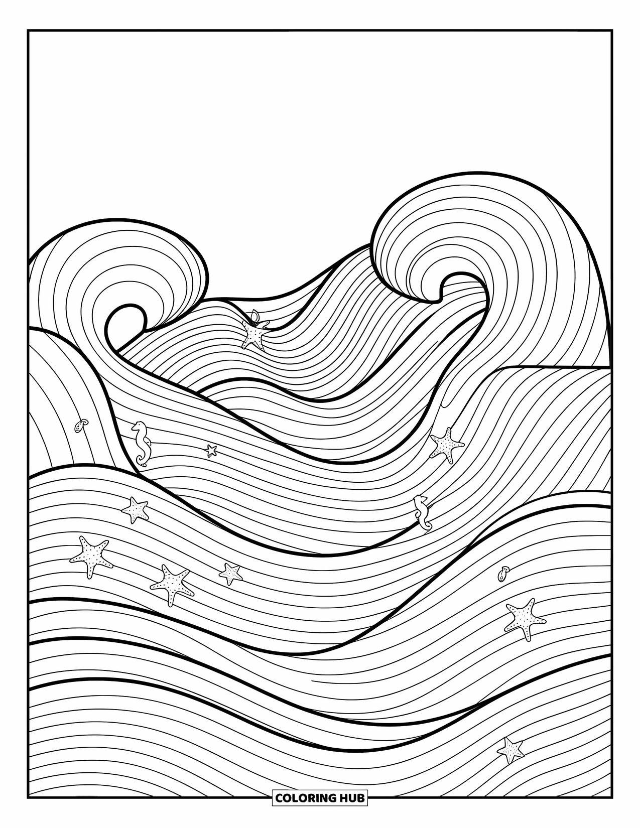 Geometric Coloring Page for Kids: Playful wave pattern flows with bubbles, curves, and underwater charm