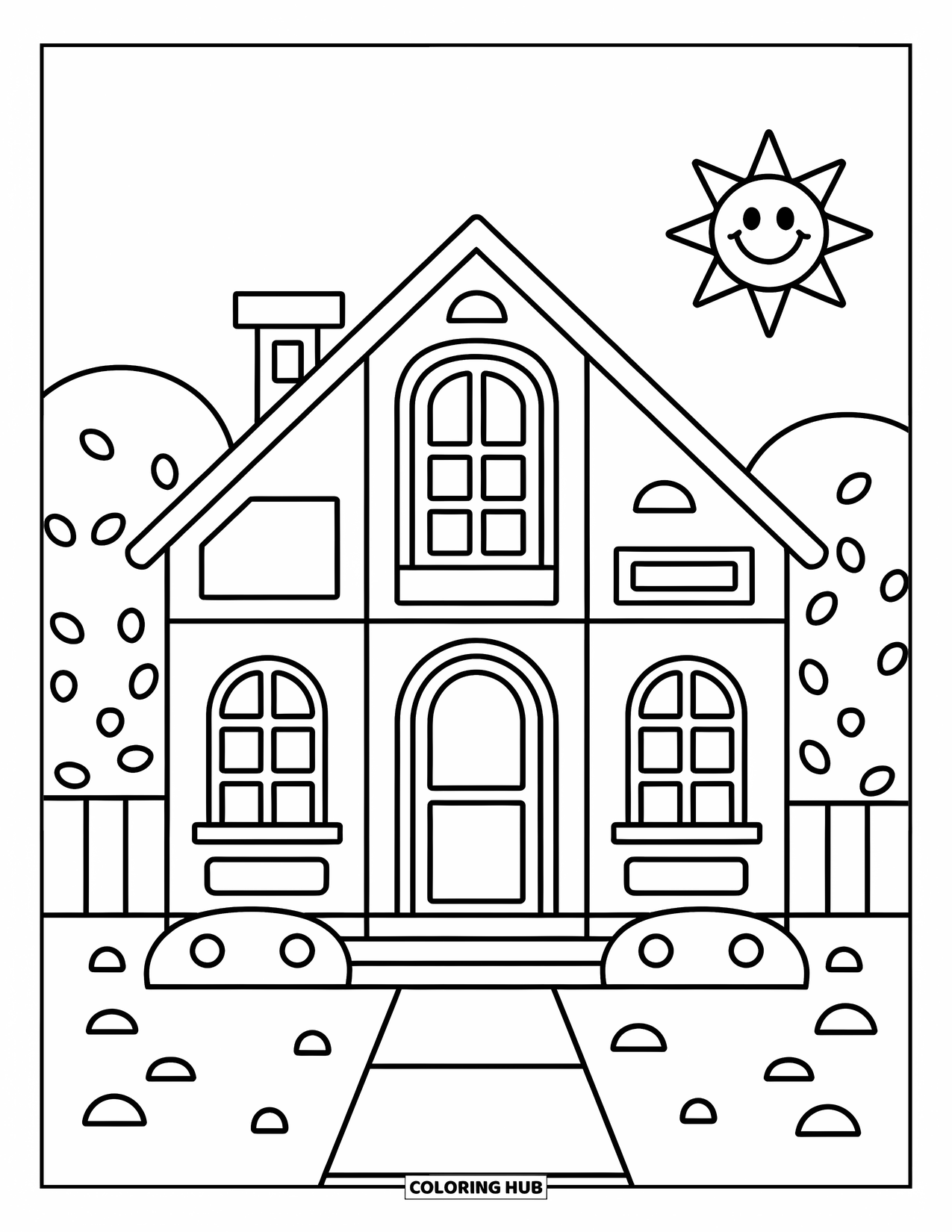 Geometric Coloring Page for Kids: Playful windows and a big door make this house feel extra inviting
