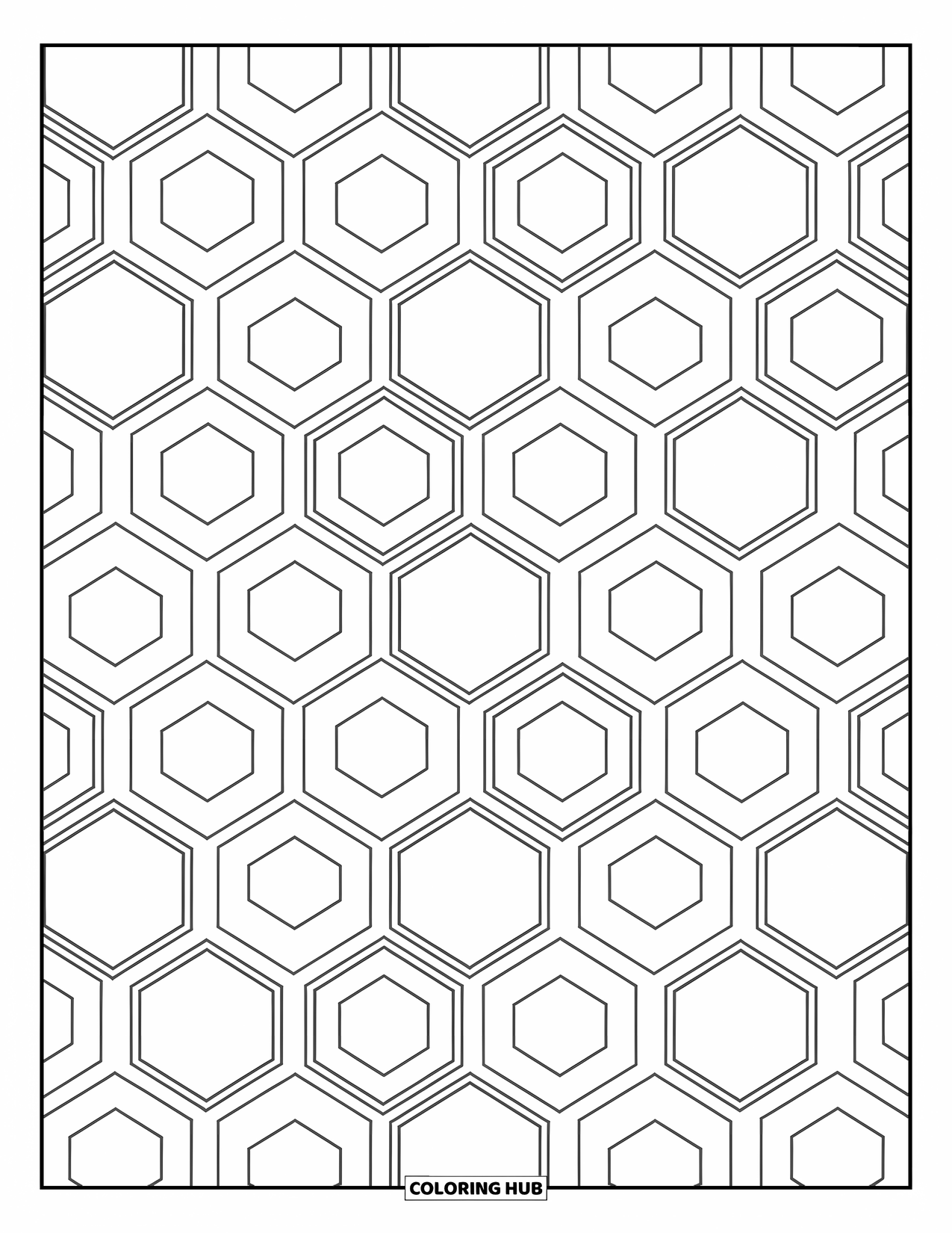 Geometric Coloring Page for Kids: Shapes inside shapes-squares, hexagons, and circles-stack in a fun, rhythmic pattern
