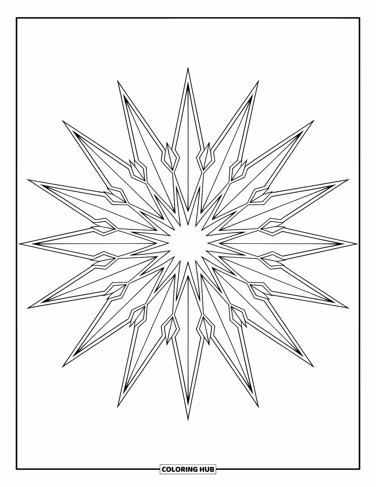 Geometric Coloring Page for Kids: Sharp triangles burst outward in a bold, star-like explosion