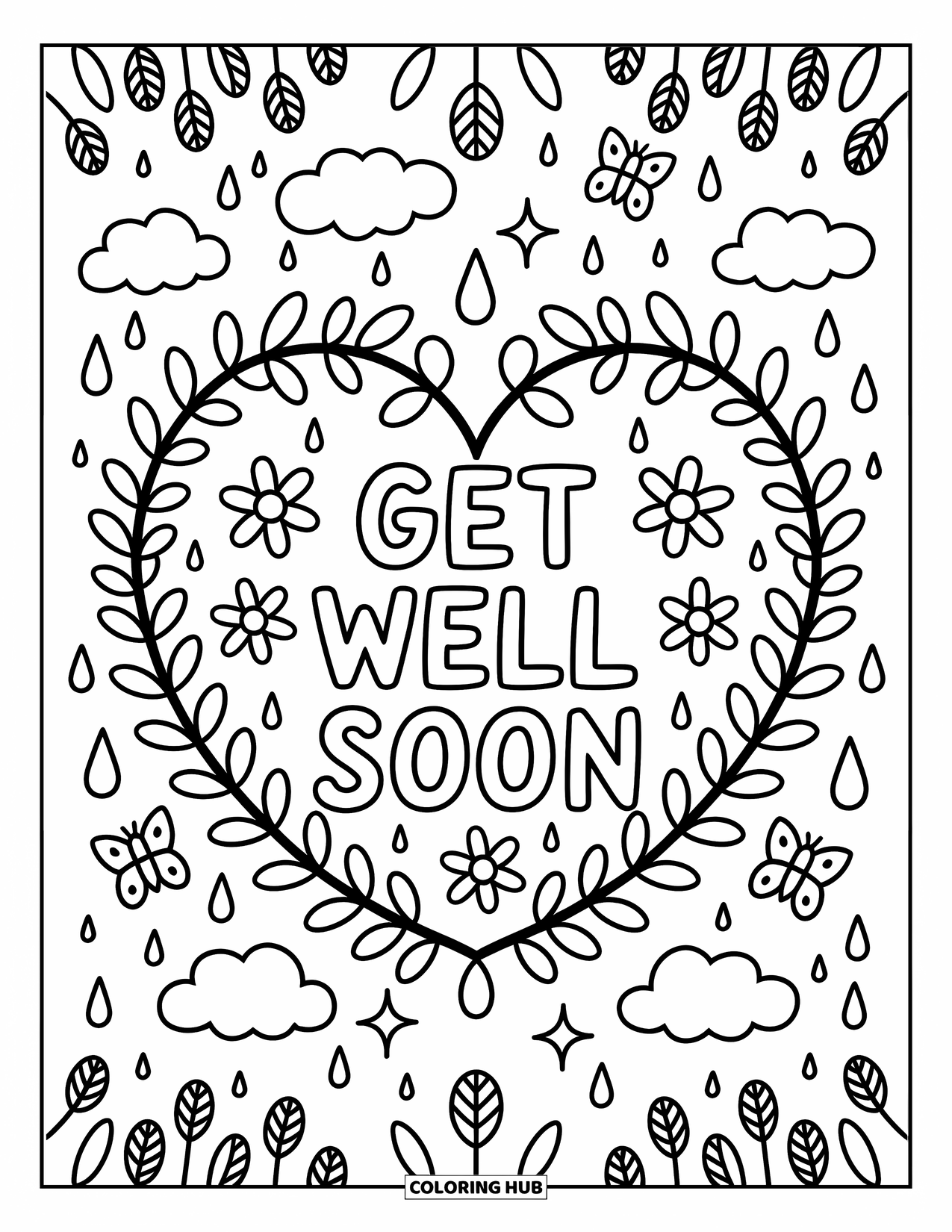 Get Well Soon Coloring Page for Adults: Cozy heart wreath sparkles with flowers and sweet "Get Well Soon" text