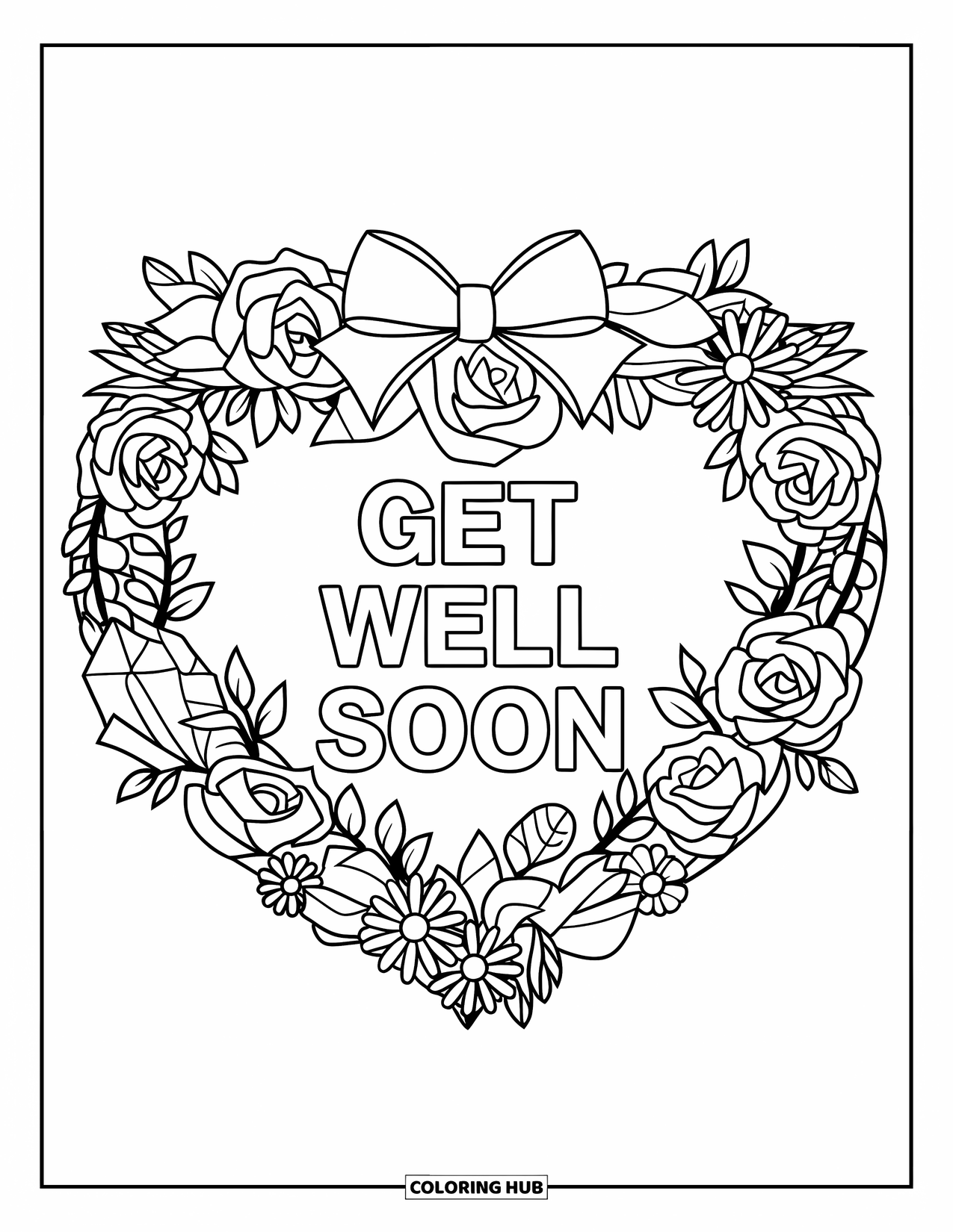 Get Well Soon Coloring Page for Adults: Flower wreath with bow outlines cheerful get-well letters